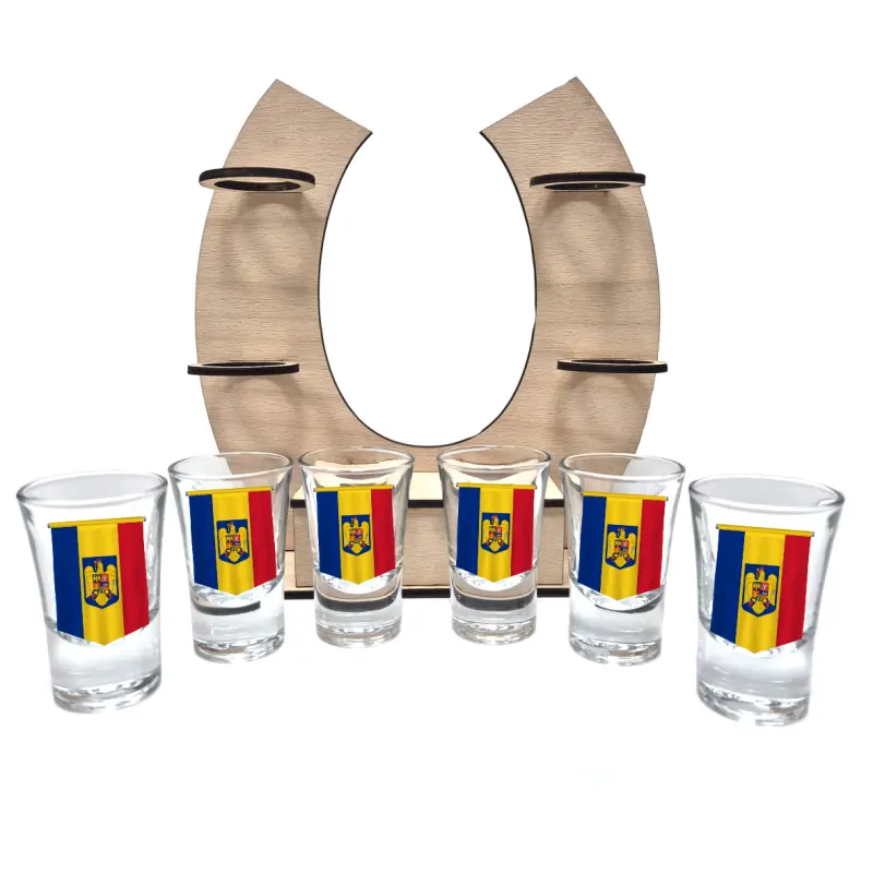 Fanion romania, suport potcoava din lemn cu 6 pahare tip shout, model hgs046